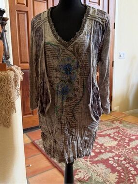 Adam Jacobs Layered Ruched Tunic Top Large Gypsy Blouse Zippers Lace Embroidery